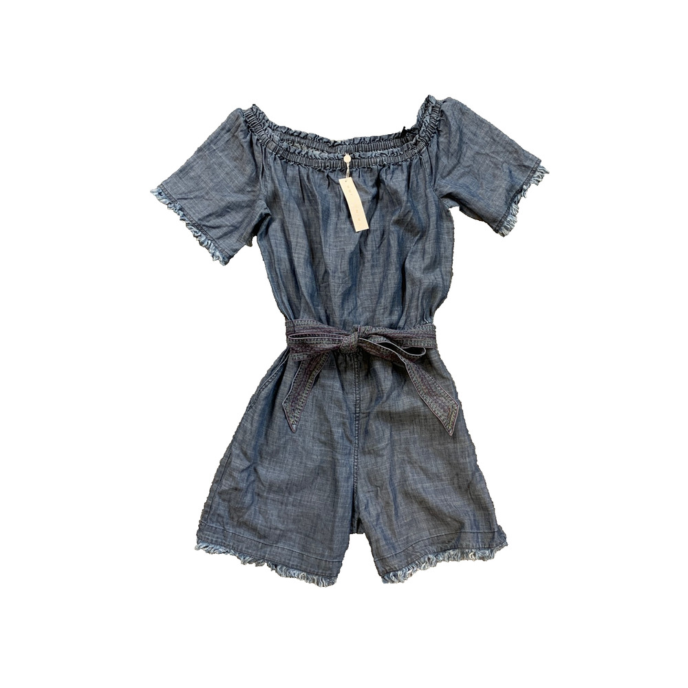 Trina Turk Romper Womens M Medium Keys Chambray Off The Shoulder Frayed Edges